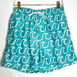 Southern Tide Swim Short Size Small  Wave Pattern Trunk Teal White